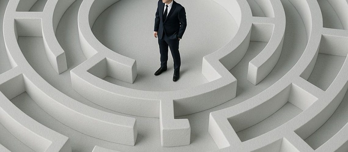 A businessman stands in the center of a complex maze, symbolizing challenges in coaching and consulting.