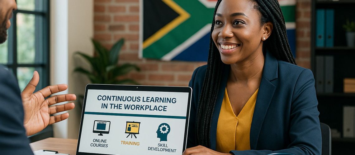 Smiling woman presenting a laptop screen on Continuous Learning in the Workplace, featuring online courses and training options.