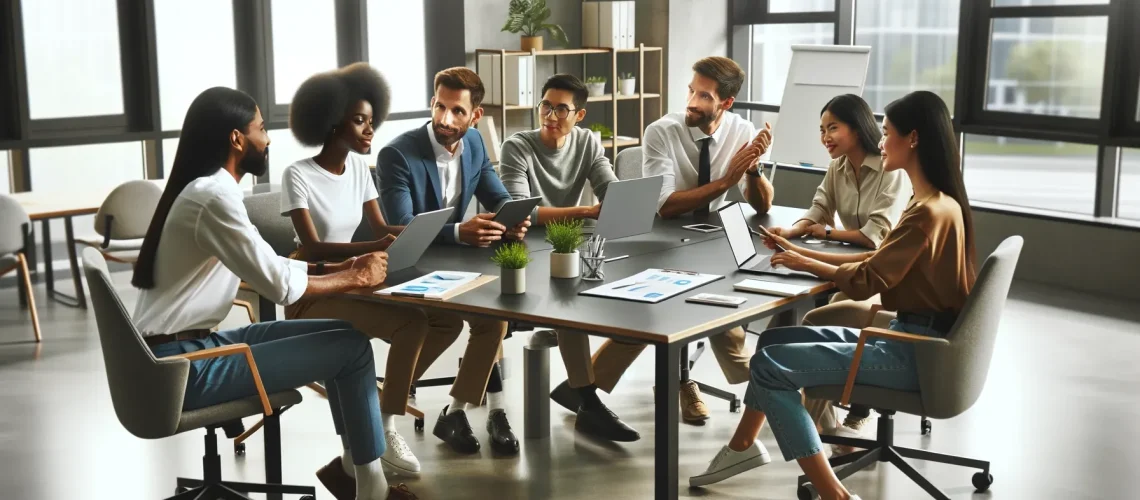 A diverse group of professional people collaborating around a modern conference table in a bright, contemporary office setting. The scene shows a team