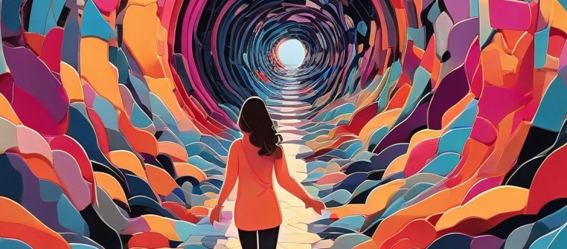 A woman walks through a vibrant, abstract tunnel, symbolising routines and habits leading to personal transformation.