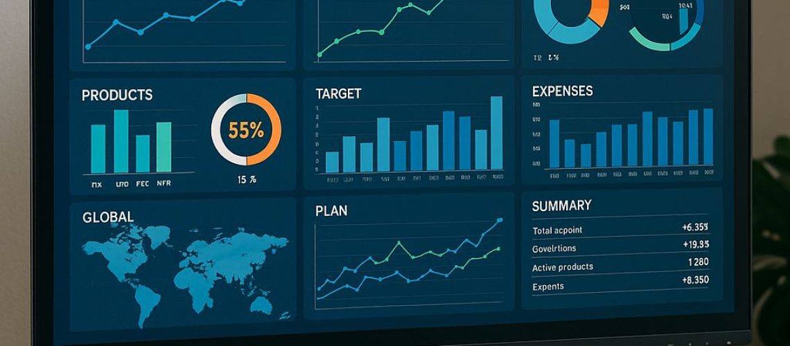 Digital dashboard displaying business planning metrics, including revenue, growth, expenses, and global targets.