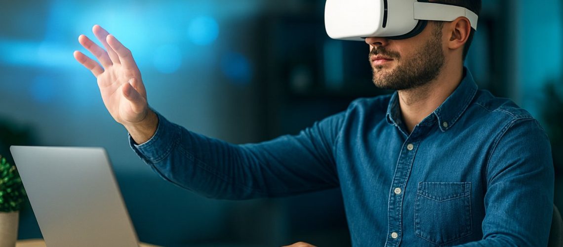 Man wearing a VR headset interacts with a laptop, exploring the digital future in a modern workspace.