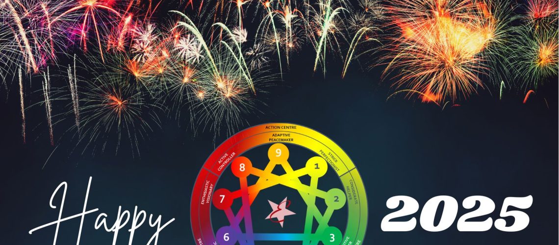 Fireworks celebrating New Year 2025 with an enneagram chart, suggesting new year's resolutions.