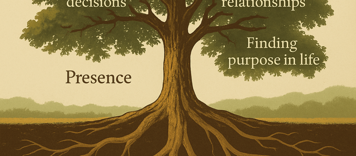 Tree depicting Enneagram Self-Discovery journey with keywords like self-awareness, leadership, and purpose in life.