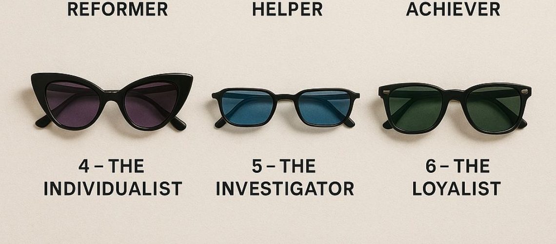 Nine sunglasses styles represent Enneagram types 1-9: Reformer, Helper, Achiever, Individualist, Investigator, Loyalist, Enthusiast, Challenger, Peacemaker.