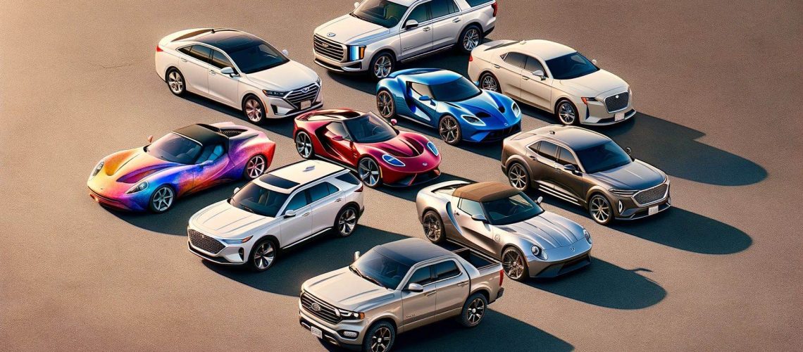 A variety of colorful cars paired to different Enneagram types, showcasing diversity in car preferences and personality traits.