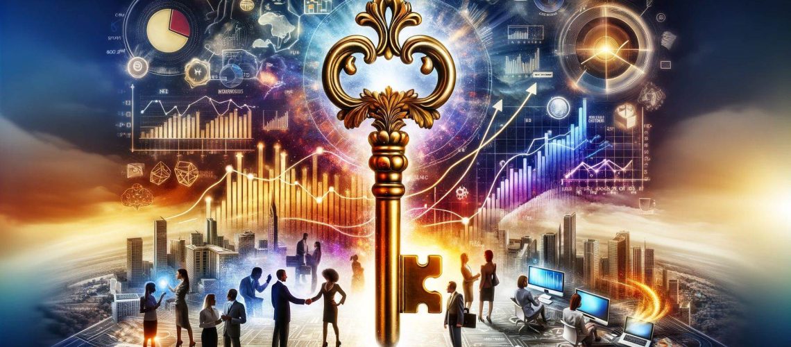 An ornate key with business charts and graphs in the background, representing exceptional customer service as the key to winning new business.