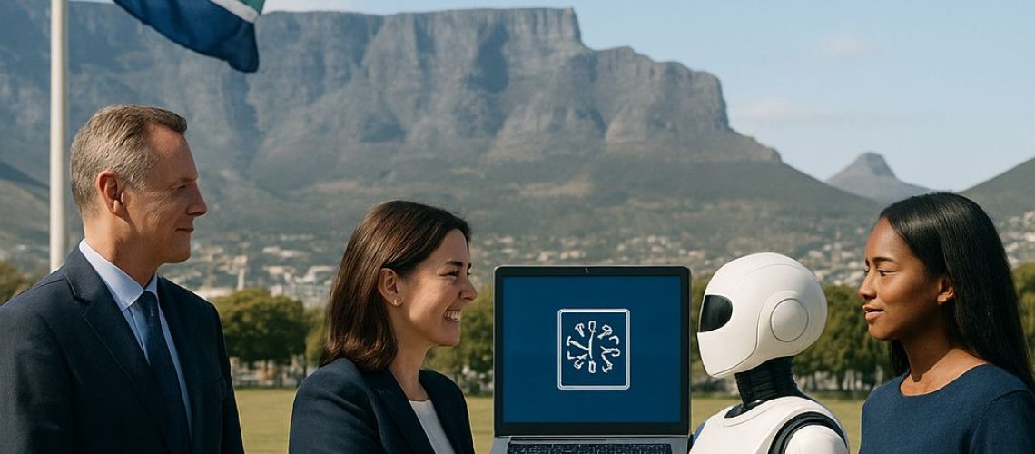 Leaders shake hands with a robot, promoting Future-Ready Leadership to manage an AI-Enabled Workforce in South Africa.