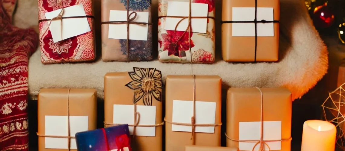 Wrapped gifts with various patterns and labels, surrounded by cozy holiday decor. Gift ideas for every Enneagram type.