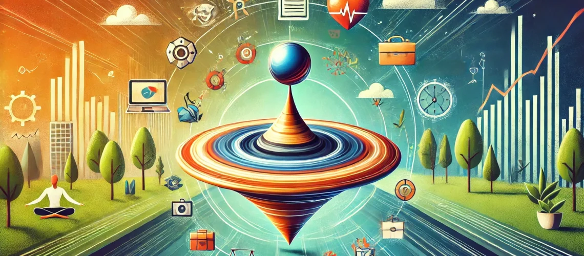 Illustrated balance with rotating top, surrounded by symbols of work, health, nature, and technology, symbolizing life balance.