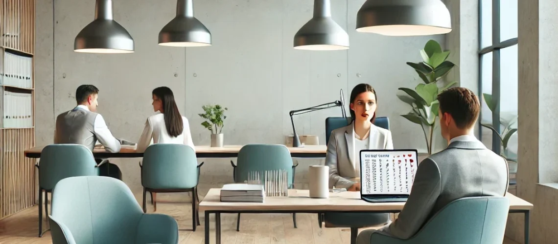 Professionals consult a psychometric assessment practice at a modern office and work on evaluations with charts and discussions.
