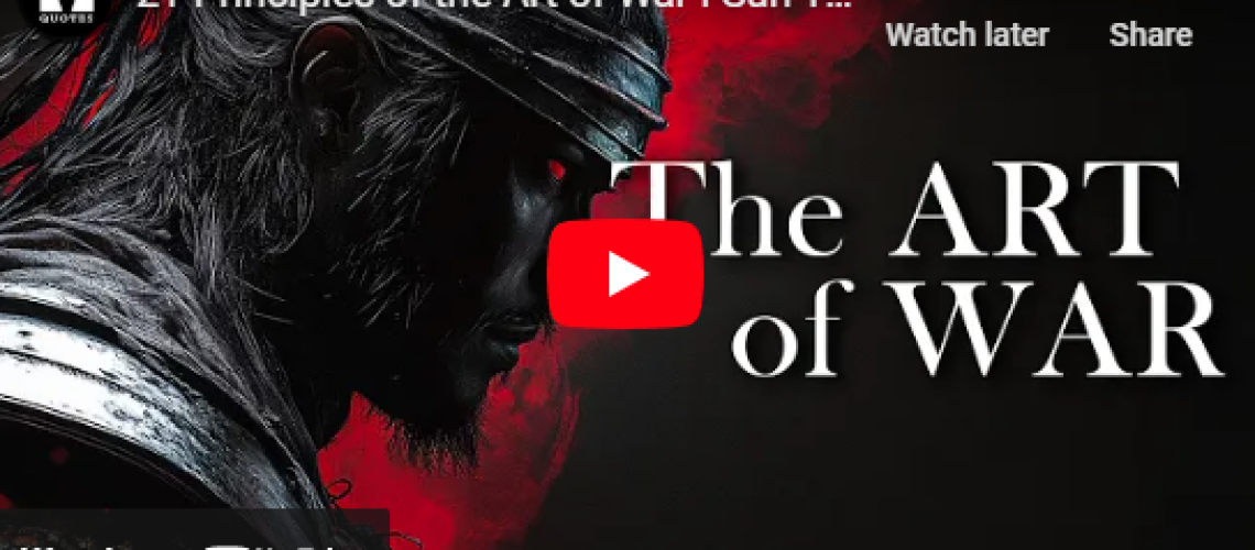 Artistic depiction of a warrior in profile with text: "The Art of War, 21 Principles - Sun Tzu.