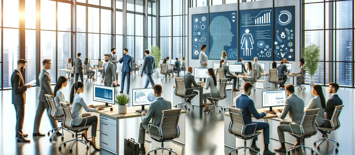 Modern office with large windows, multiple employees in business attire working at desks with computers, and data charts on screens.