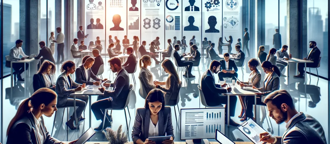 A busy office with people in business attire working on laptops and tablets, collaborating at desks, and analyzing data on screens.