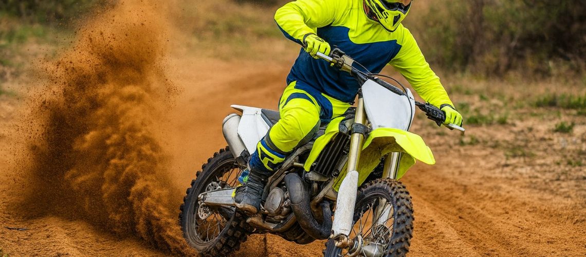 A rider in bright gear skillfully maneuvers an off-road motorcycle, kicking up dust on a dirt track.