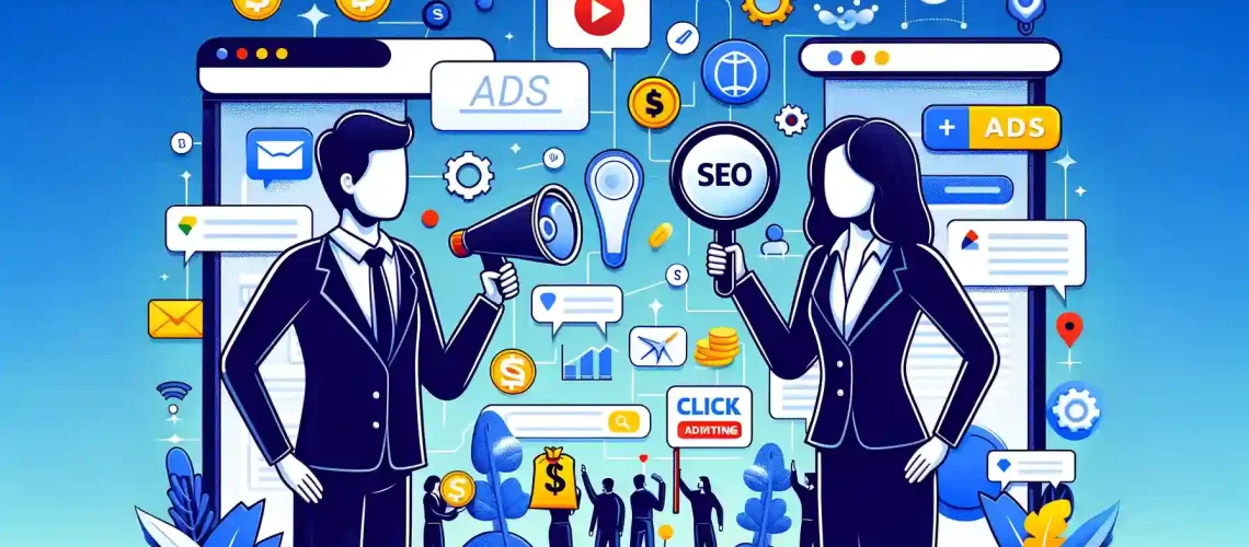 Illustration comparing SEO and Google Ads with business professionals and icons representing digital marketing strategies.