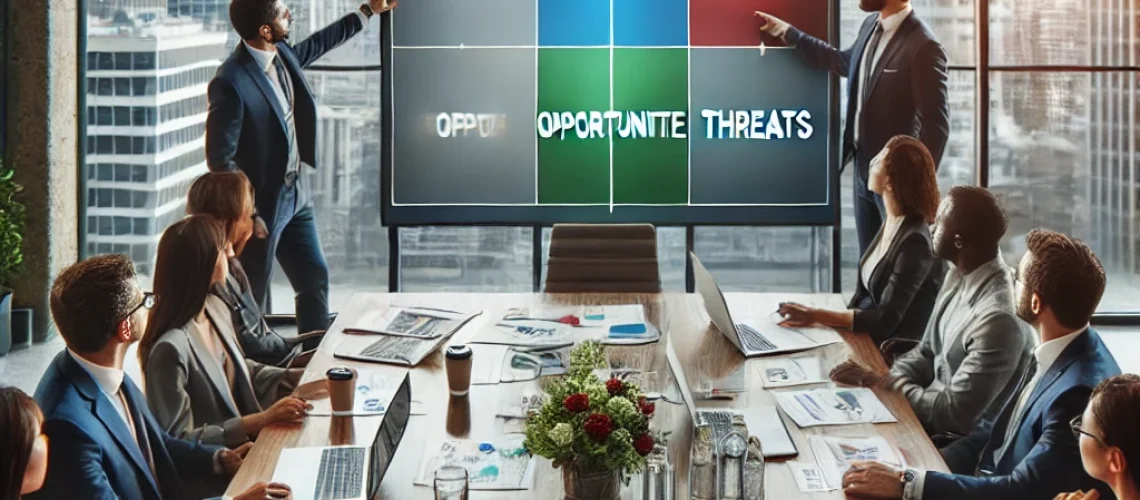 Business team analyzing strengths, weaknesses, opportunities, and threats using a SWOT analysis template on a large screen.