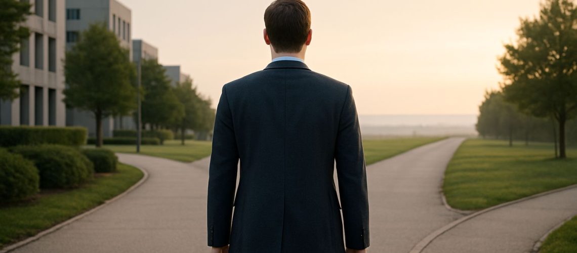 A man in a suit stands at a crossroads, symbolizing signals of a needed career change at sunrise.