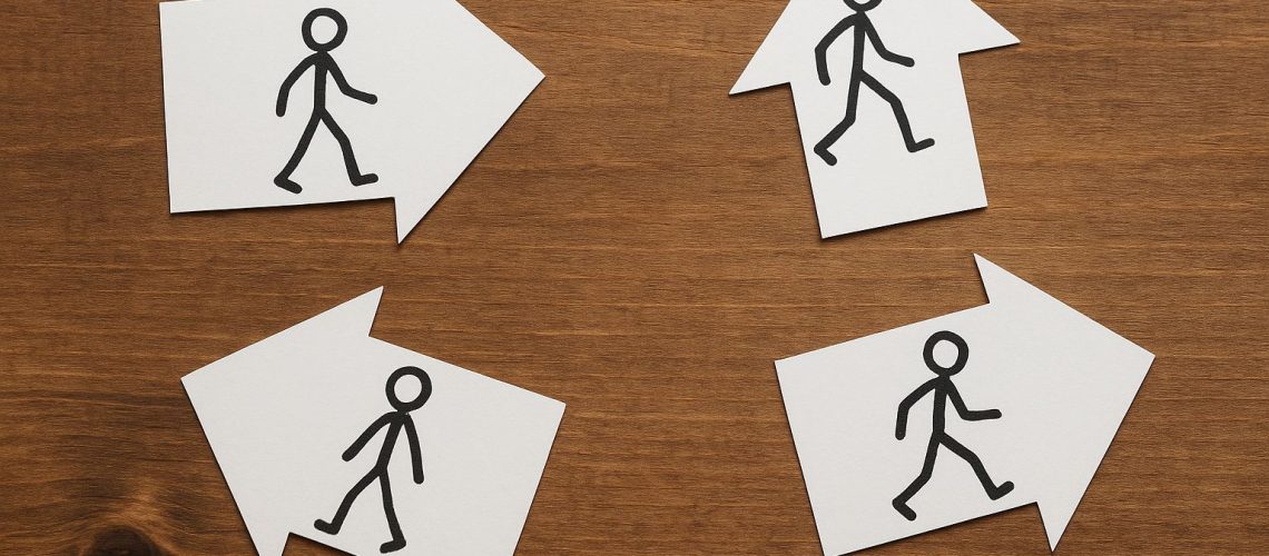Four arrows with stick figure illustrations, symbolizing movement and the message to stock-up on compassion.