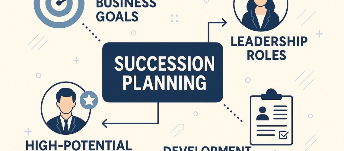 Visual diagram illustrating succession planning with elements like business goals, leadership roles, high-potential employees, and developme…