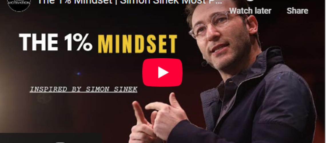 Man speaking on stage about "The 1% Mindset" in a video by Daily Motivation, inspired by Simon Sinek.