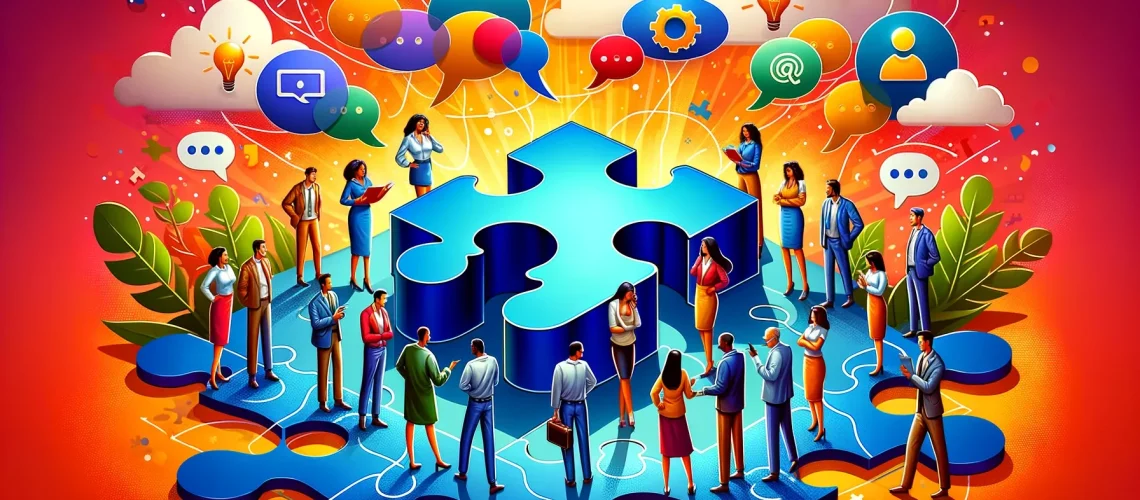 Illustration of diverse professionals interacting around large blue puzzle pieces, with colorful speech bubbles, gears, and light bulbs overhead.