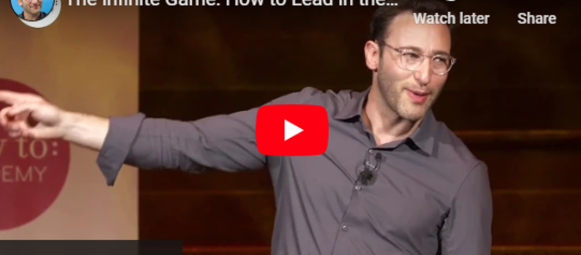 Speaker presenting "The Infinite Game" concept on leadership, gesturing on stage, captured in a YouTube video thumbnail.
