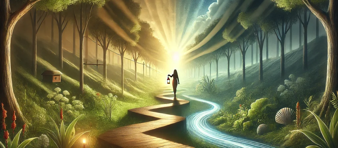 Person with a lantern walks on a path through a forest, symbolising a journey of self-discovery through life coaching.