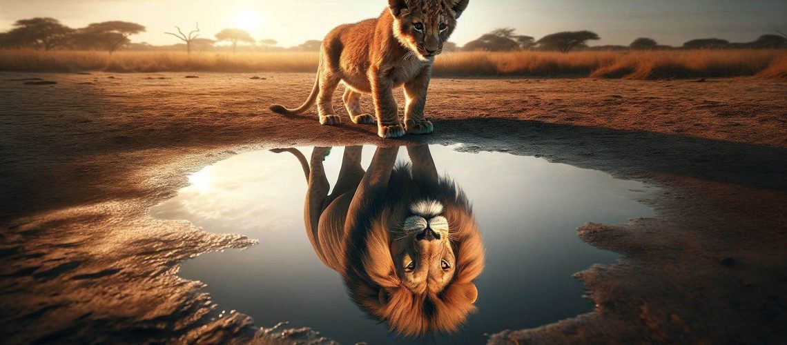 A lion cub gazes at its reflection, which shows a grown lion, symbolizing the power of self-reflection for personal growth and transformation.
