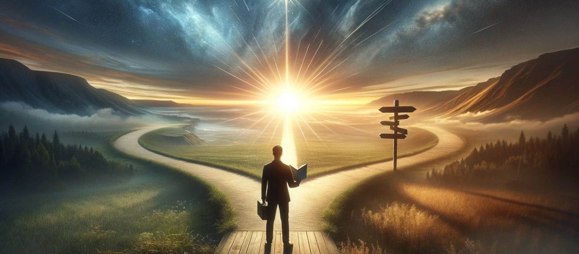 A man stands at a fork in the road, holding a book and briefcase, with a bright light ahead, symbolizing self-discovery and coaching.