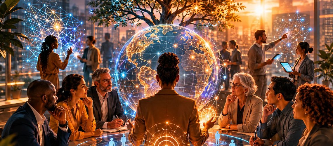 Business team in a futuristic meeting room with a digital globe, holographic displays, and a tree symbolizing growth.