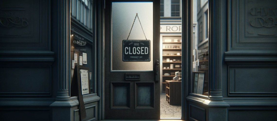 The image depicts the front entrance of a business establishment. The design is classical, with ornate detailing on the pillars and the frame of the entrance. The door itself is made of wood with glass panels, and there is a frosted glass window that has the word "CLOSED" displayed on a hanging sign, suggesting the business is not open. There is also a sandwich board sign placed on the ground beside the door with additional text, but the details are not readable. The lighting indicates either early morning or late afternoon, casting long shadows and giving the scene a quiet, almost serene look. The interior is visible through the door and appears to be a retail space with shelving and products. There is no visible activity inside or outside, contributing to a still atmosphere. The surrounding environment reflects a cityscape, with buildings in the background and a paved street in the forefront.