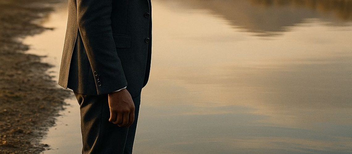 Man in a suit stands by a serene river, observing a large snake, symbolizing leadership development challenges.