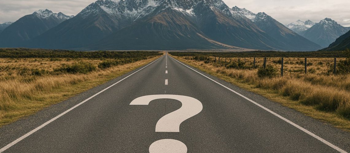 A winding road leads to mountains, featuring a large question mark, symbolizing challenges of working in uncertain times.