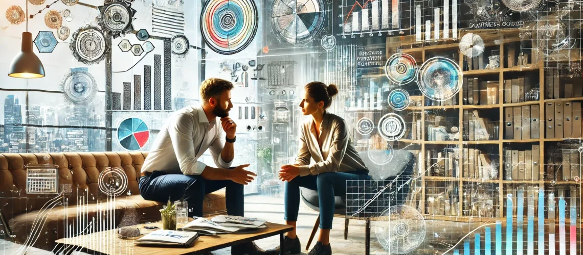 A wide format image depicting a business coach and client in a modern office setting. They are engaged in a collaborative discussion, with charts, graphs, and strategic planning materials on a table. The atmosphere is one of creative thinking and problem-solving. The coach and client are sitting side by side, leaning in towards each other, emphasizing partnership and trust. The background includes elements of a professional office, such as bookshelves with business books, a whiteboard with diagrams, and a large window with a cityscape view. The overall vibe is dynamic, professional, and supportive.