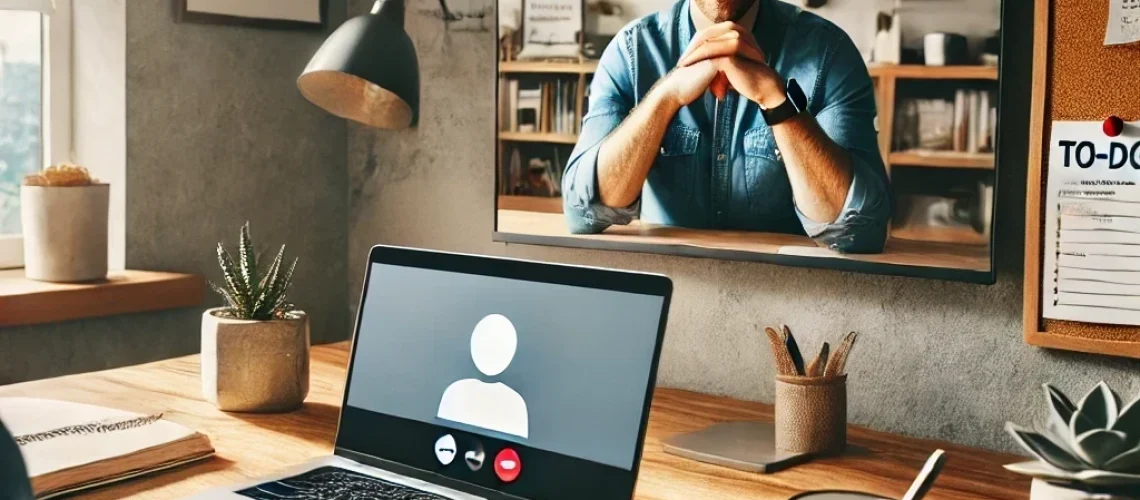 Person having a video call with their accountability partner, while sitting at a desk with a laptop and office supplies.