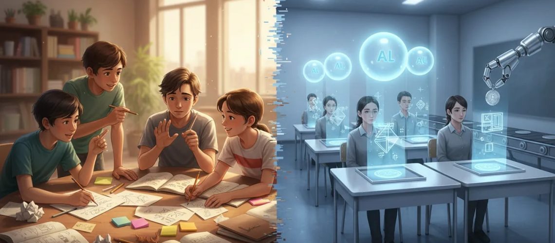 Split scene showing kids collaborating on learning vs. students receiving automated grades through AI technology.