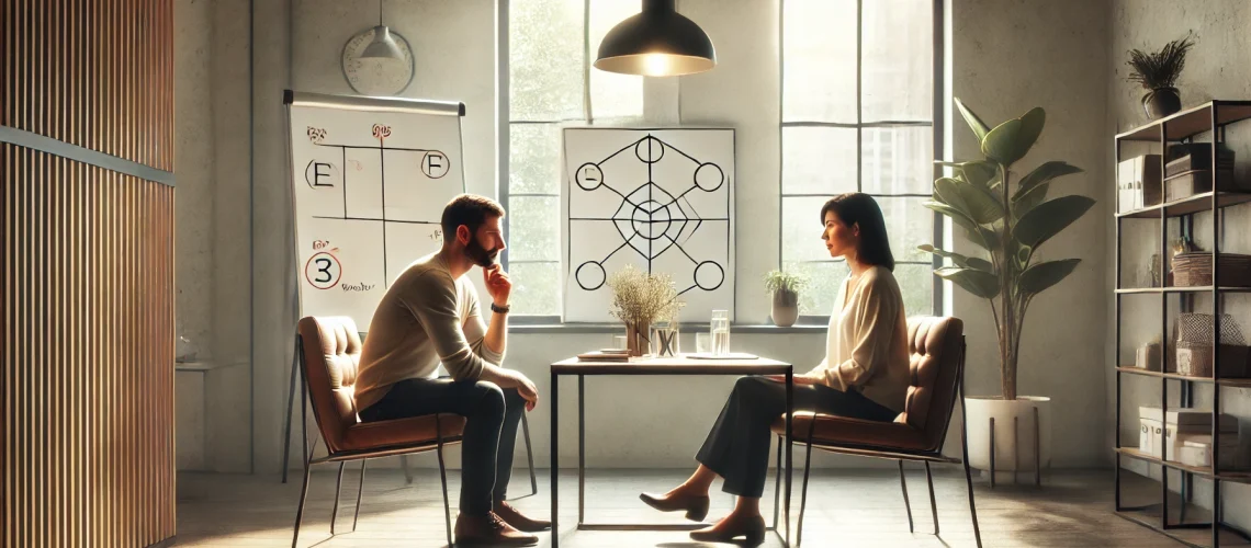 A man and woman in a modern office engage in an executive coaching session, with diagrams and plants in the background.