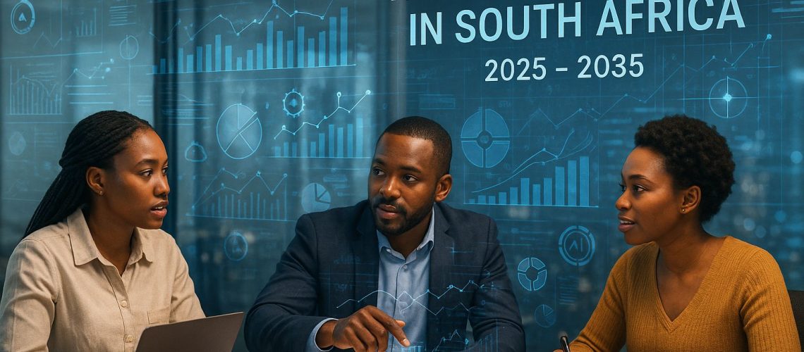 Three professionals discuss the future of work critical skills in South Africa, with data visuals in the background.