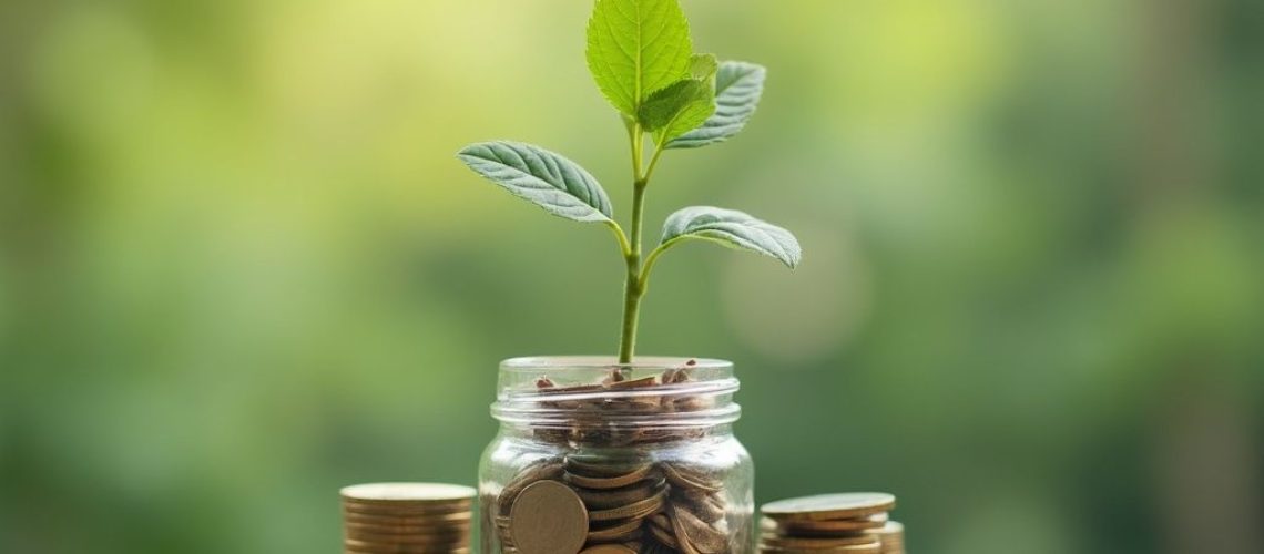 A small plant grows from a jar of coins, symbolizing how to grow your business through investment and nurturing.