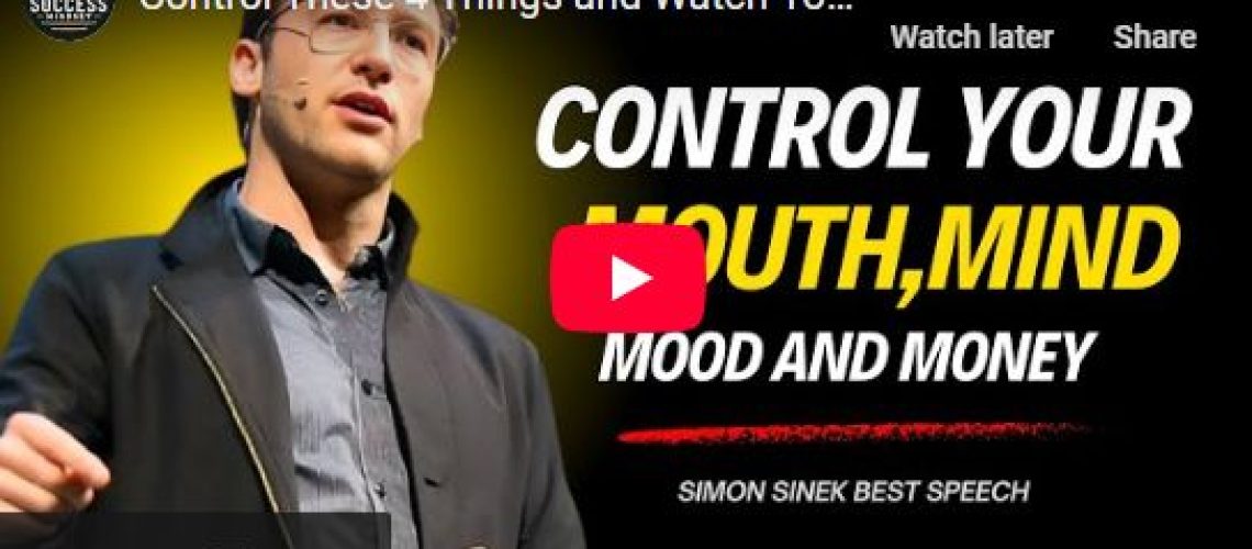 Man speaking on stage about increasing self-control capacity: control mouth, mind, mood, money; YouTube video thumbnail.