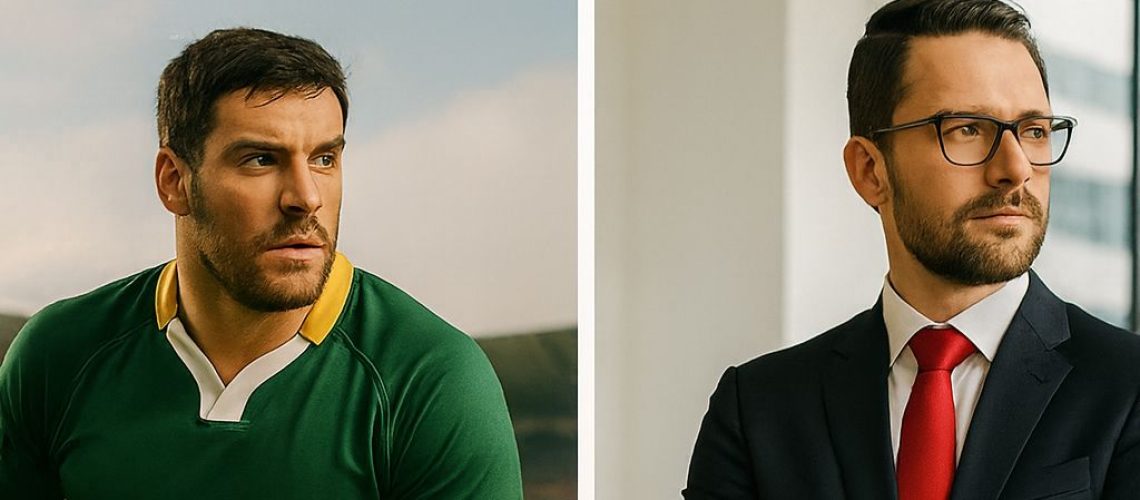Rugby player and businessman illustrating mental toughness in action, transitioning from sports to business.