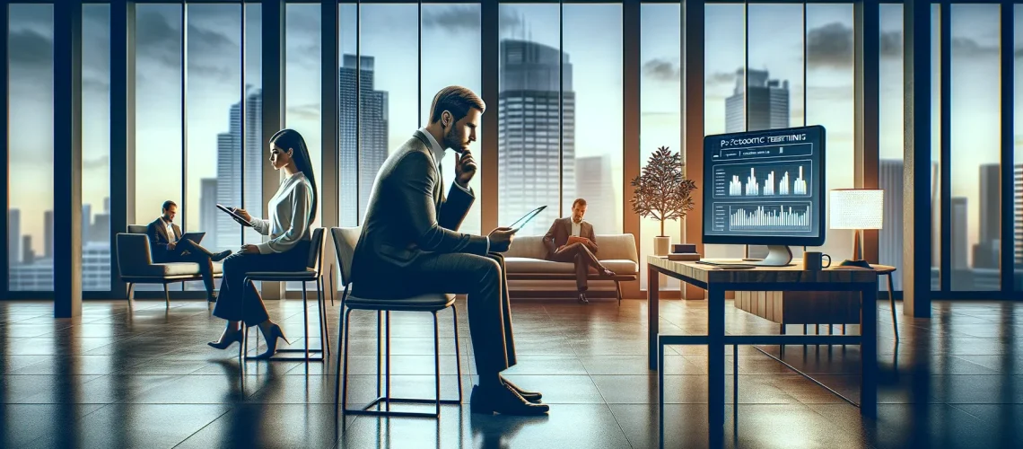 Business professionals working in modern office with city skyline view, using tablets and laptop, computer screen displays charts.
