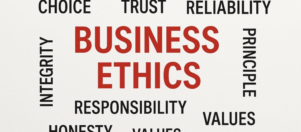 Business ethics concepts highlighted, including integrity, trust, and responsibility, emphasizing quick-and-dirty-ethics principles.