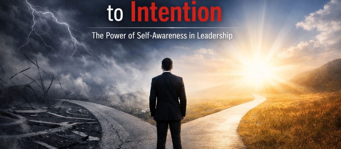 A businessman stands at a crossroads, symbolizing the shift in AI strategy for businesses from reaction to intention.