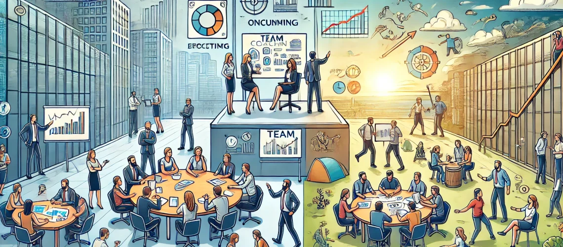 Illustration comparing team coaching in an office to team building outdoors, highlighting structured coaching vs interactive activities.