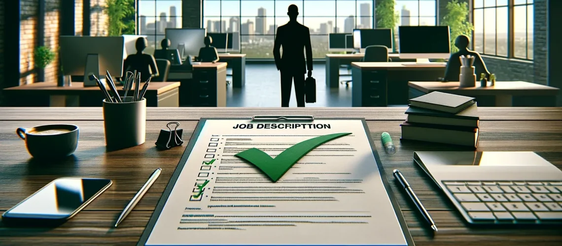 Office desk with a job description clipboard, large green checkmark, coffee cup, pen, smartphone, and a blurred office background.