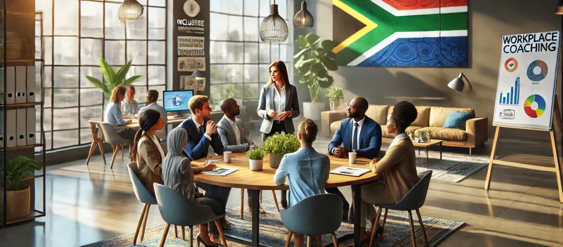 Group engaged in workplace coaching services, seated at a round table in a modern office with a South African flag on the wall.